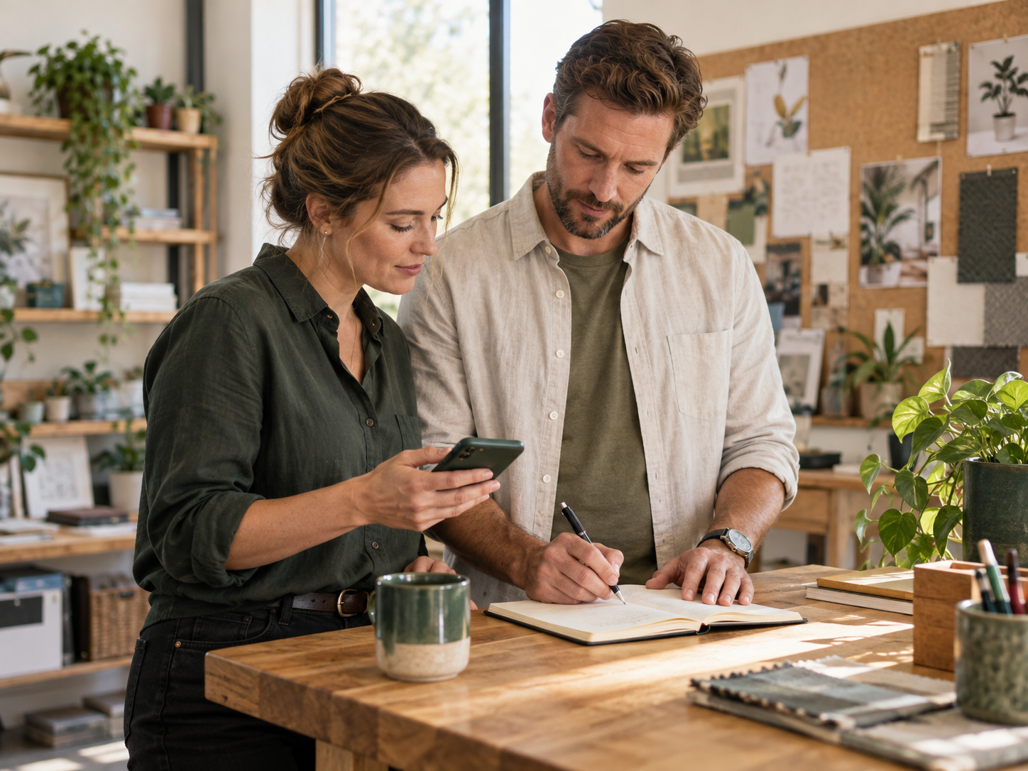 Two colleagues reviewing follow-up actions from a work conversation